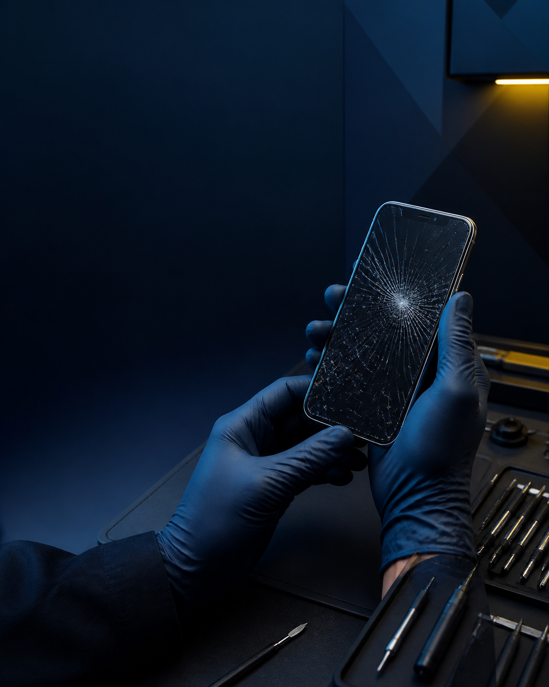 Técnico segurando um celular com a tela trincada